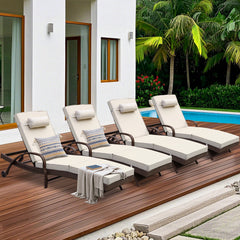 4 Pcs Patio Chaise Lounge Chairs Poolside Lounger w/ 6 Reclining Positions & Wheels, Khaki Cushion