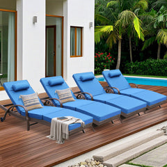 4 Pcs Patio Chaise Lounge Chairs Poolside Lounger w/ 6 Reclining Positions & Wheels, Blue Cushion