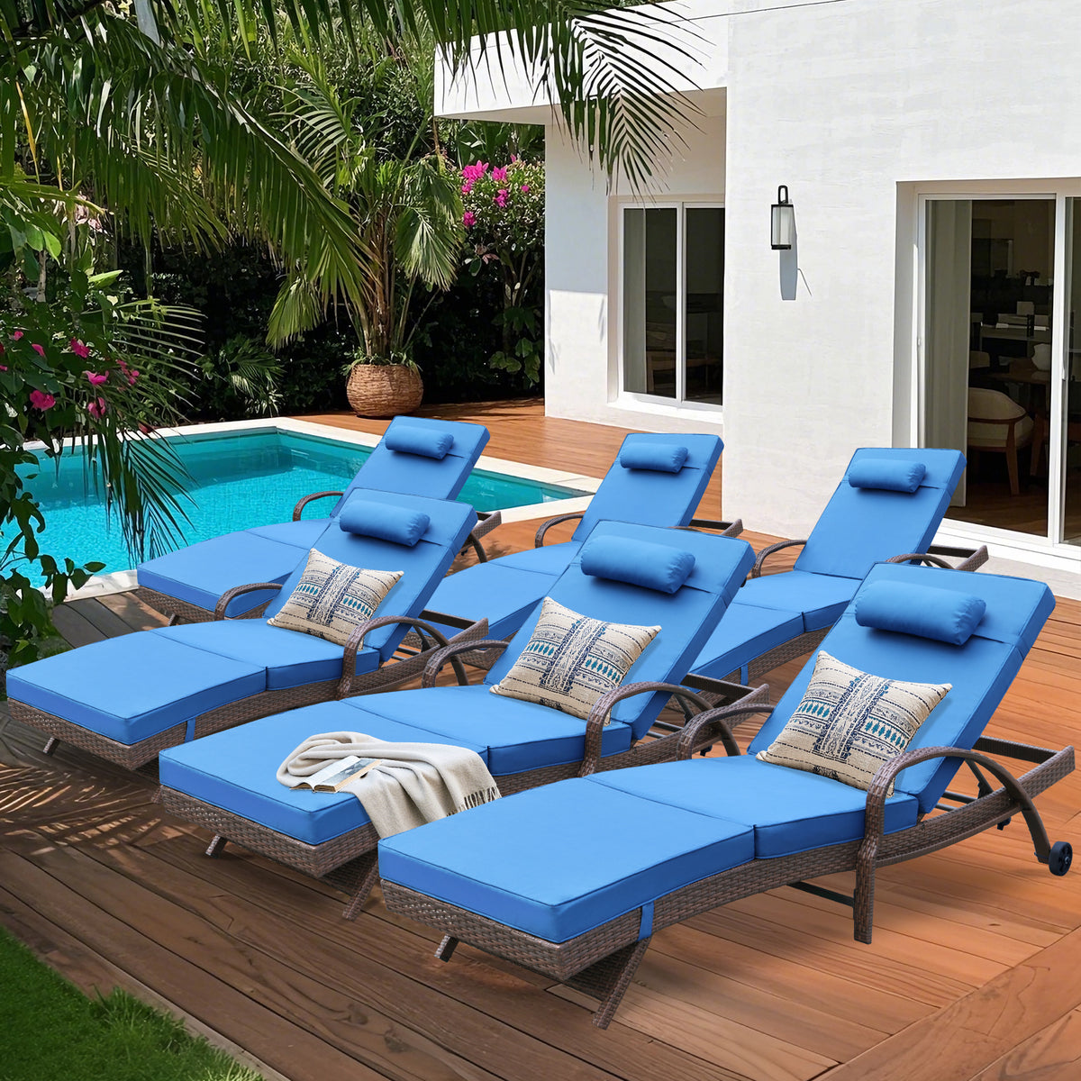6 Pcs Patio Chaise Lounge Chairs Poolside Lounger w/ 6 Reclining Positions & Wheels, Blue Cushion