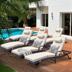 6 Pcs Patio Chaise Lounge Chairs Poolside Lounger w/ 6 Reclining Positions & Wheels, Khaki Cushion
