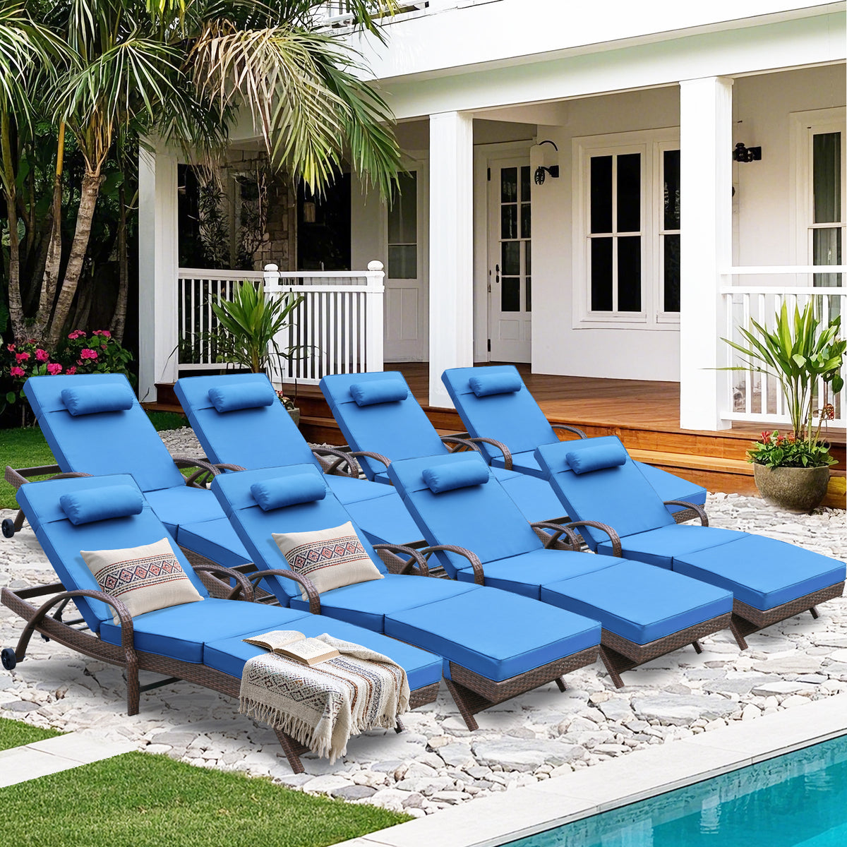8 Pcs Patio Chaise Lounge Chairs Poolside Lounger w/ 6 Reclining Positions & Wheels, Blue Cushion