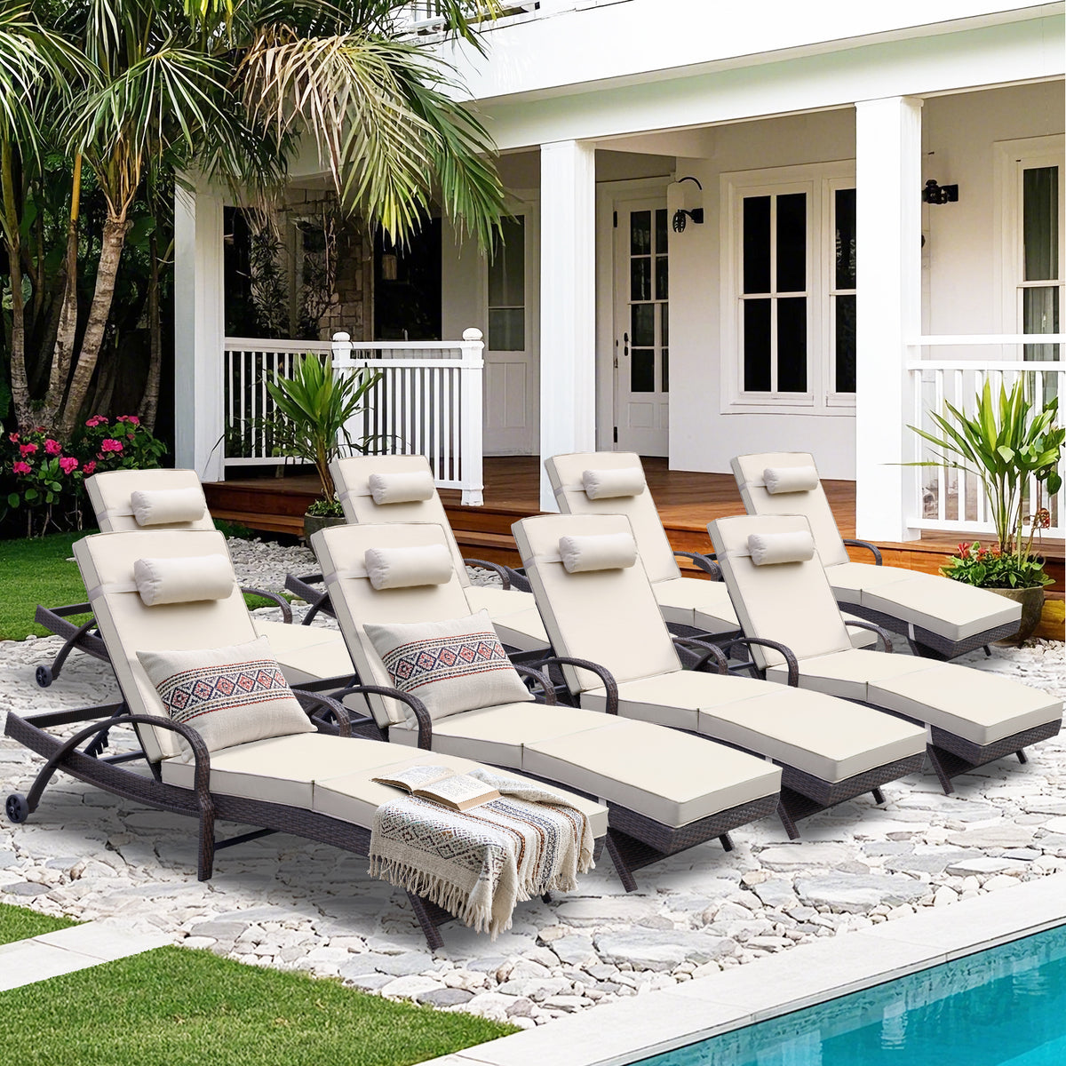 8 Pcs Patio Chaise Lounge Chairs Poolside Lounger w/ 6 Reclining Positions & Wheels, Khaki Cushion