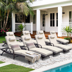 8 Pcs Patio Chaise Lounge Chairs Poolside Lounger w/ 6 Reclining Positions & Wheels, Khaki Cushion