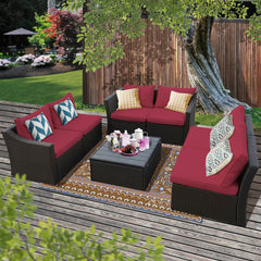 7 Pcs Outdoor Sectional Sofa w/ Storage Table, Adjustable Backrest, Cushions, Wine Red Cushion