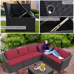 7 Pcs Outdoor Sectional Sofa w/ Storage Table, Adjustable Backrest, Cushions, Wine Red Cushion