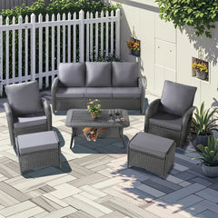 6 Pieces Outdoor Conversation Sofa Set w/ Swivel Rocker Chairs, Coffee Table, Ottoman, Furniture Cover & Grey Cushions