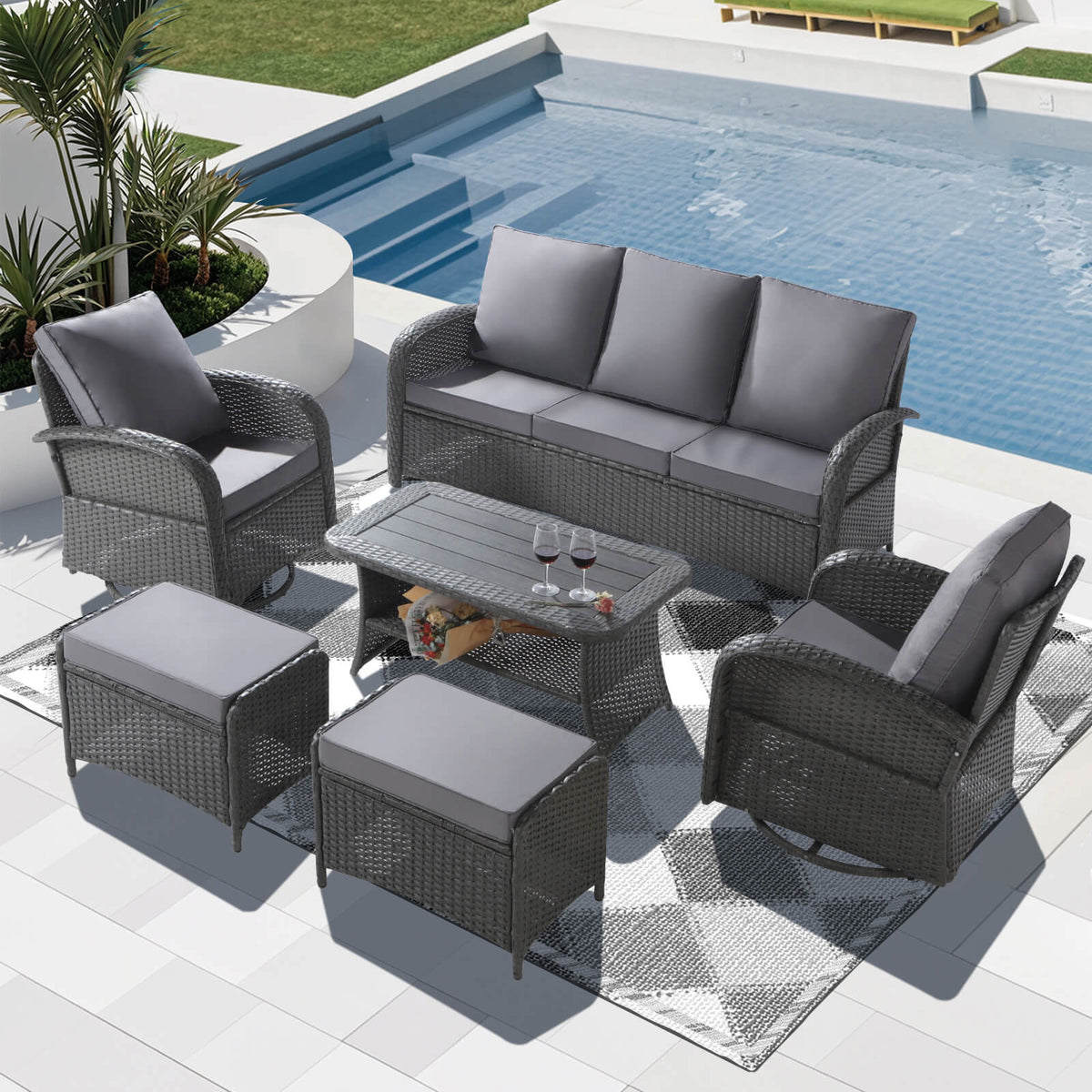 6 Pieces Outdoor Conversation Sofa Set w/ Swivel Rocker Chairs, Coffee Table, Ottoman, Furniture Cover & Grey Cushions