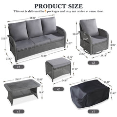 6 Pieces Outdoor Conversation Sofa Set w/ Swivel Rocker Chairs, Coffee Table, Ottoman, Furniture Cover & Grey Cushions