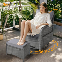 6 Pieces Outdoor Conversation Sofa Set w/ Swivel Rocker Chairs, Coffee Table, Ottoman, Furniture Cover & Grey Cushions