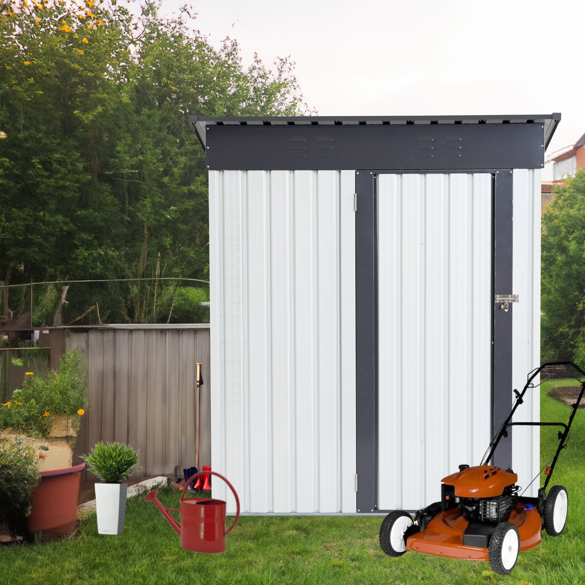 Garden Metal Storage Lifter Shed Gray White 5x3x6ft outdoor storing tools Rainproof Hinge door version