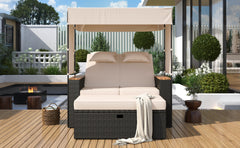 2-Piece Outdoor Rattan Bench Lounge Set, with Canopy, UV Protection Fabric & Waterproof Cushions and Adjustable Backrest