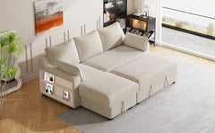 90" Pull Out Sleeper Sofa L-Shaped Couch Convertible Sofa Bed with Storage Chaise, Storage Racks and USB Ports (SG001340AA), Beige