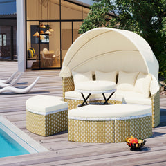 Outdoor Sectional Sofa Set Rattan Daybed with Retractable Canopy, Separate Seating and Cushion, Beige