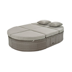 2-Person Daybed with Cushions and Pillows, Rattan Garden Reclining Chaise Lounge with Adjustable Backrests and Foldable Cup Trays, Gray