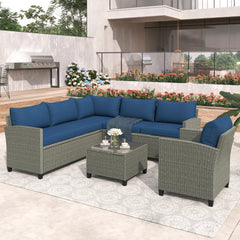 5 Piece Outdoor Sectional Sofa with Coffee Table, Blue Cushions