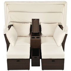 2-Seater Outdoor Double Daybed Patio Loveseat Sofa Set with Foldable Awning and Cushions, Beige