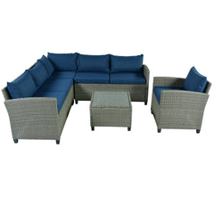 5 Piece Outdoor Sectional Sofa with Coffee Table, Blue Cushions