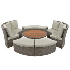 5-Piece Round Rattan Sectional Sofa Set All-Weather Sunbed Daybed with Round Liftable Table and Cushions, Gray