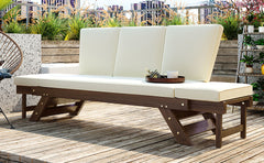 Outdoor Adjustable Patio Wooden Daybed Sofa Chaise Lounge with Cushions, Brown Finish+Beige Cushion