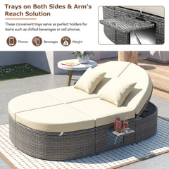 Outdoor Sun Bed Patio 2-Person Daybed with Cushions and Pillows, Rattan Reclining Chaise Lounge with Adjustable Backrests and Foldable Cup Trays, Beige