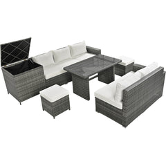 Outdoor 6-Piece All Weather PE Rattan Sofa Set with Adjustable Seat, Storage Box, Removable Covers and Tempered Glass Top Table, Beige