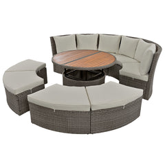 5-Piece Round Rattan Sectional Sofa Set All-Weather Sunbed Daybed with Round Liftable Table and Cushions, Gray