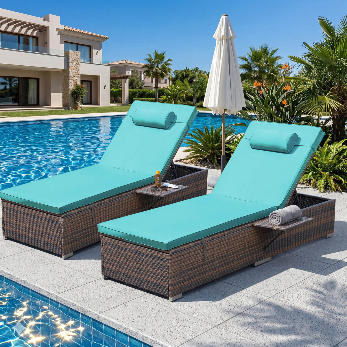 2 Pcs Patio Chaise Lounge Chairs w/ 6 Reclining Positions, Wheels & Small Pillow, Blue Cushion