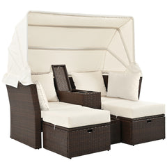 2-Seater Outdoor Double Daybed Patio Loveseat Sofa Set with Foldable Awning and Cushions, Beige