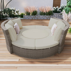 5-Piece Round Rattan Sectional Sofa Set All-Weather Sunbed Daybed with Round Liftable Table and Cushions, Gray