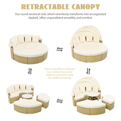 Outdoor Sectional Sofa Set Rattan Daybed with Retractable Canopy, Separate Seating and Cushion, Beige