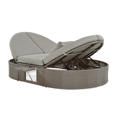 2-Person Daybed with Cushions and Pillows, Rattan Garden Reclining Chaise Lounge with Adjustable Backrests and Foldable Cup Trays, Gray