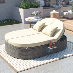 Outdoor Sun Bed Patio 2-Person Daybed with Cushions and Pillows, Rattan Reclining Chaise Lounge with Adjustable Backrests and Foldable Cup Trays, Beige