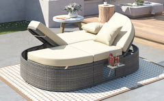 Outdoor Sun Bed Patio 2-Person Daybed with Cushions and Pillows, Rattan Reclining Chaise Lounge with Adjustable Backrests and Foldable Cup Trays, Beige