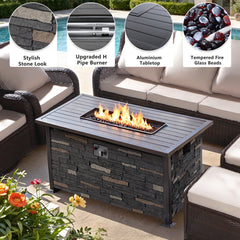 6 Pieces Outdoor Wicker Patio Conversation Set with Fire Pit Table, Swivel Rocker Chairs, Furniture Cover, Coffee Table, Ottoman & Khaki Cushions