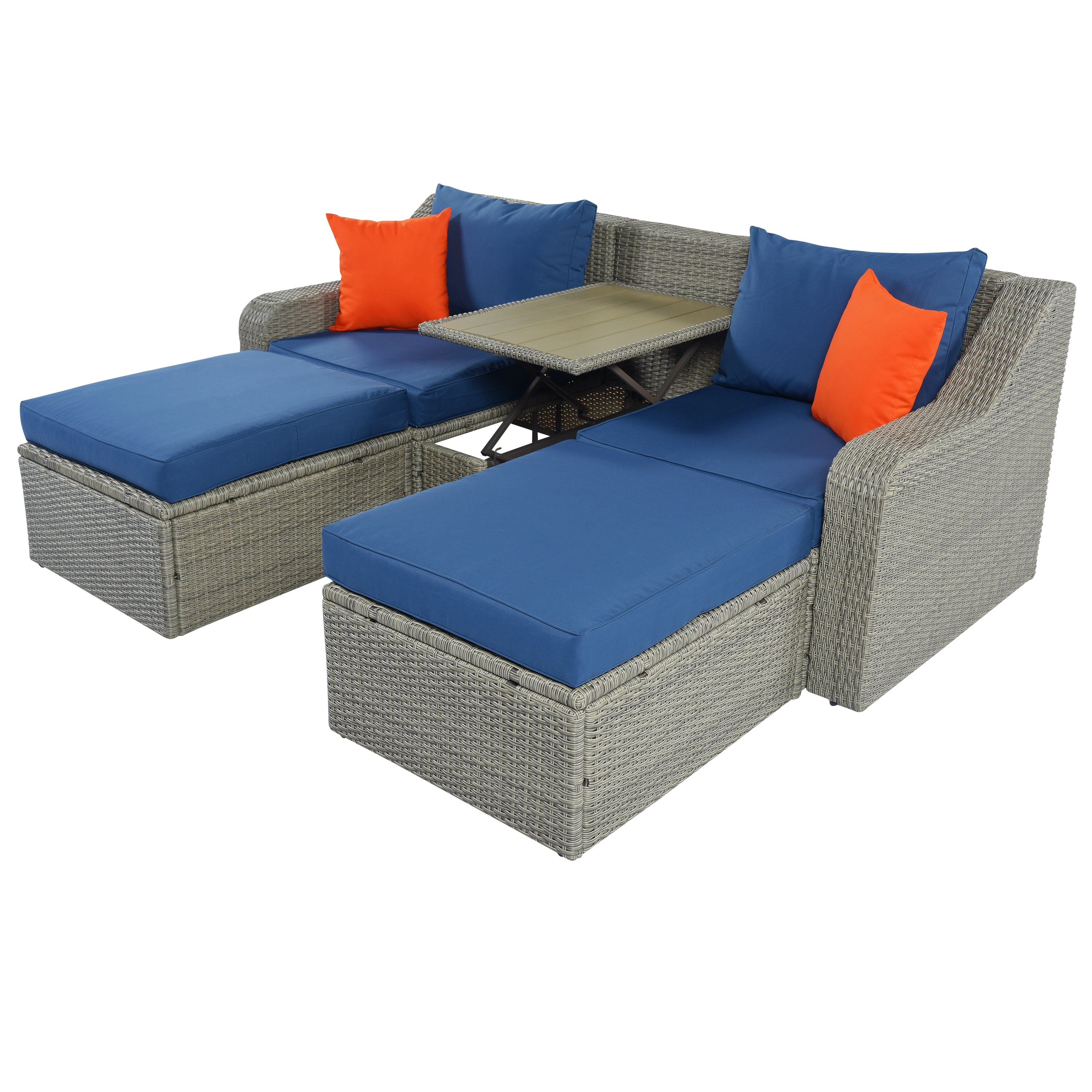 3-Piece Patio Wicker Sofa with Cushions, Pillows, Ottomans and Lift Top Coffee Table