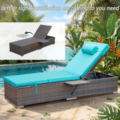 2 Pcs Patio Chaise Lounge Chairs w/ 6 Reclining Positions, Wheels & Small Pillow, Blue Cushion
