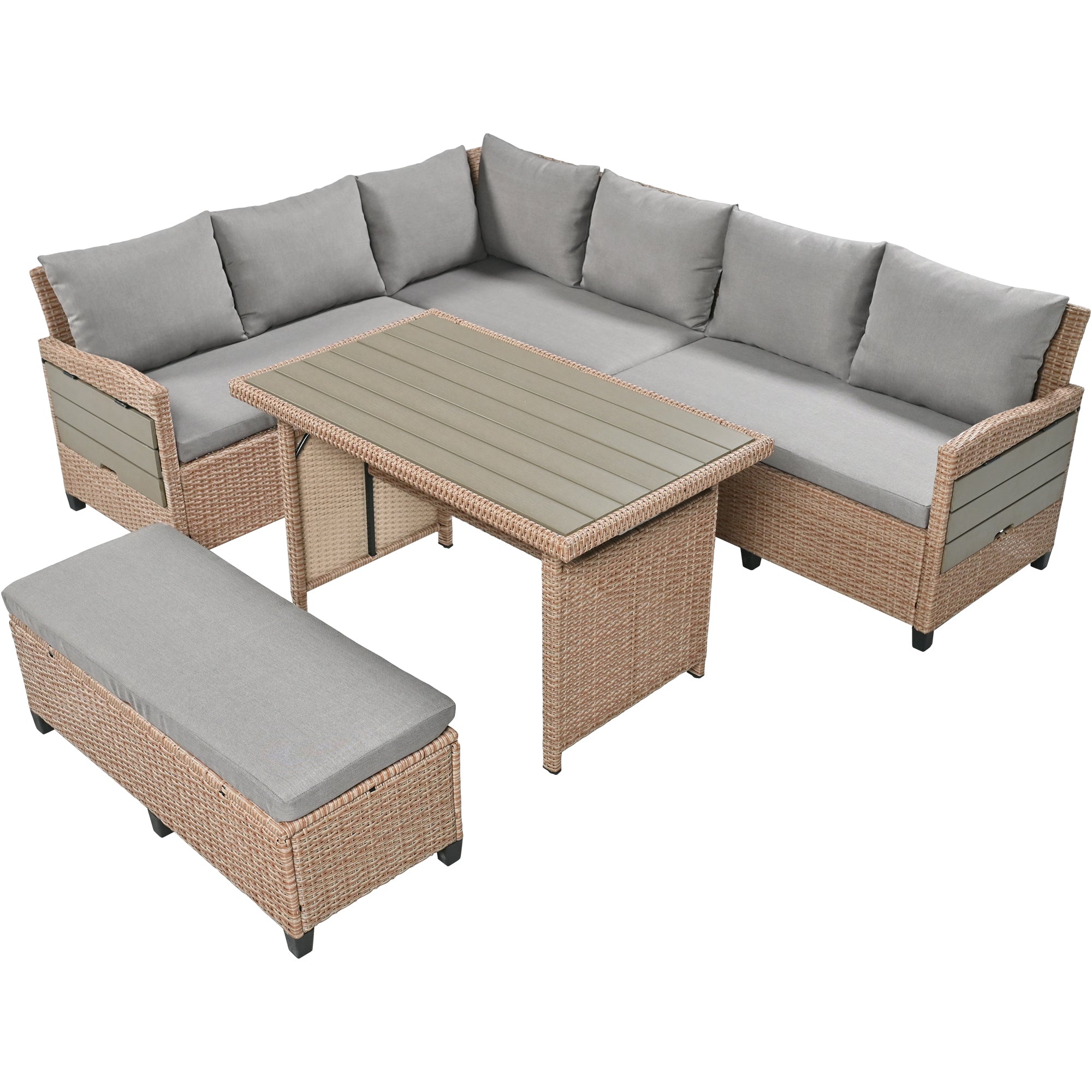 5-Piece Patio Dining Set with 2 Extendable Side Tables, Dining Table and Washable Covers, Brown