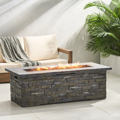 56" Outdoor 40,000 BTU Rectangular MgO Concrete Propane Fire Pit, Stone Pattern (Tank Cover not Included)