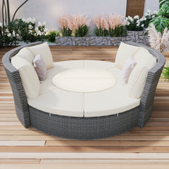 5-Piece Round Rattan Sectional Sofa Set All-Weather Sunbed Daybed with Round Liftable Table and Cushions, Beige