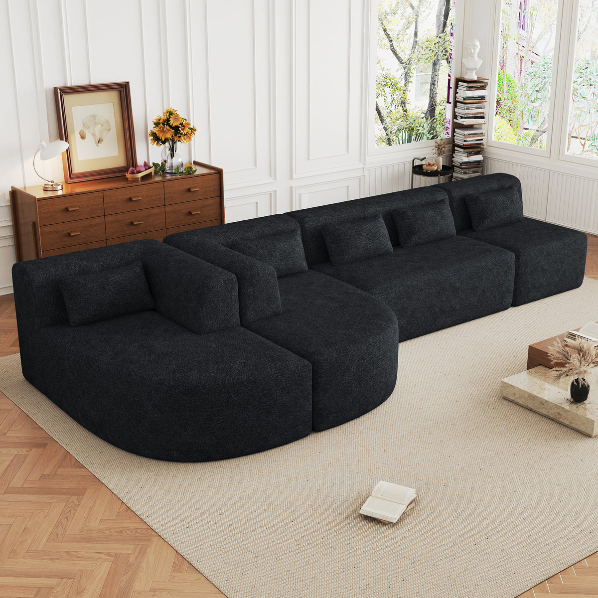 143.7" Upholstered Sofa Free-combined Sofa Couch with Two Chaise Lounge and Five Back Pillows for Living Room, Black