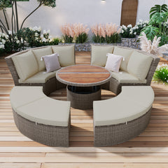 5-Piece Round Rattan Sectional Sofa Set All-Weather Sunbed Daybed with Round Liftable Table and Cushions, Gray