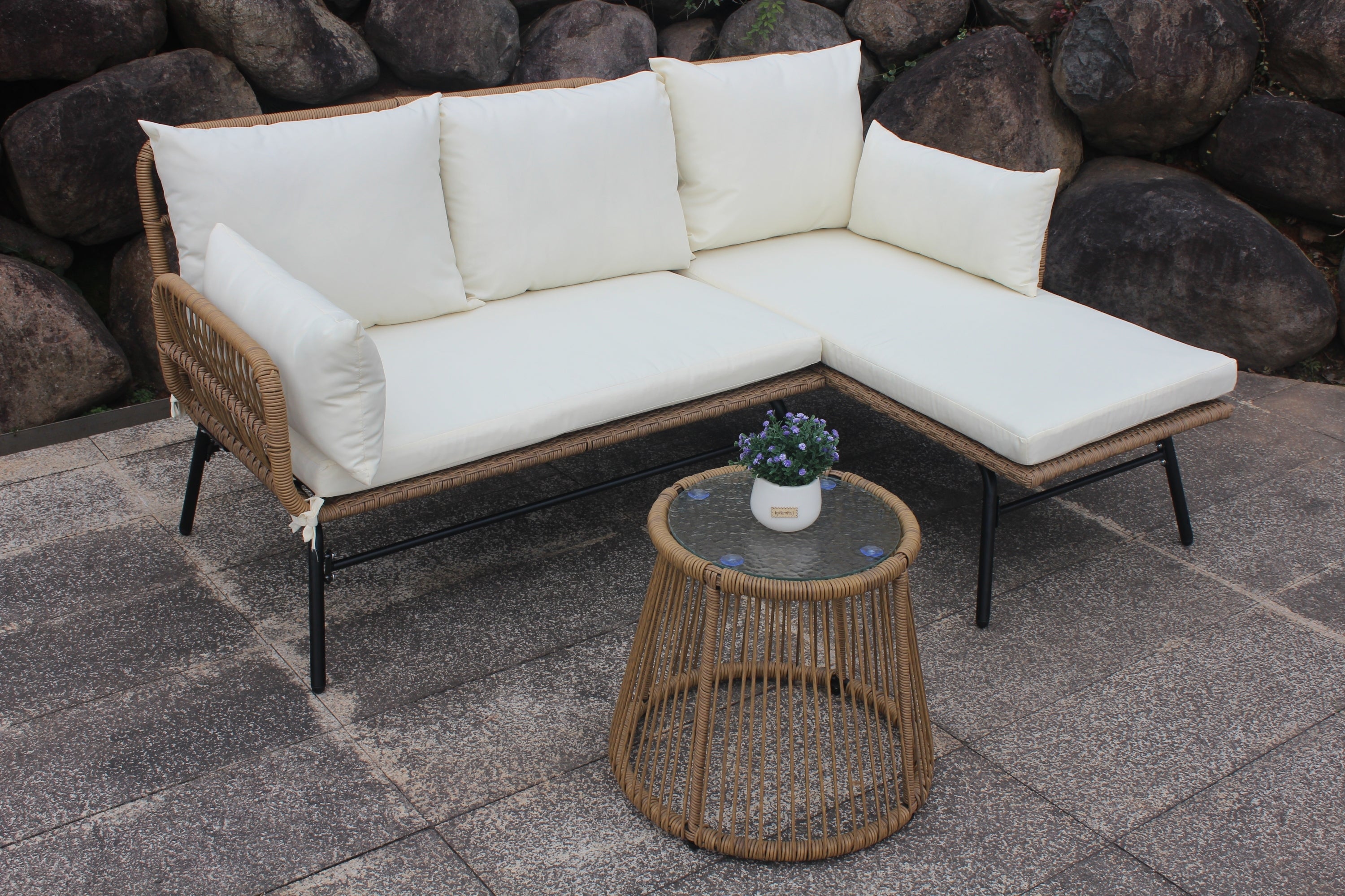 3 Pcs Patio PE Wicker Sofa Set with Beige Cushion, Tempered Glass Table and Furniture Cover