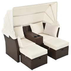 2-Seater Outdoor Double Daybed Patio Loveseat Sofa Set with Foldable Awning and Cushions, Beige