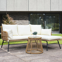 3 Pcs Patio PE Wicker Sofa Set with Beige Cushion, Tempered Glass Table and Furniture Cover
