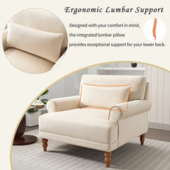 Elegant Accent Chair Circular Armrests, Ergonomic Lumbar Support, Vintage Roman Column Legs