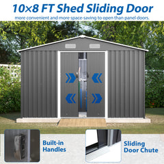 10X8 FT Outdoor Tool Storage Shed with Metal Foundation & Lockable Doors,  All Weather Metal Sheds for Garden, Patio, Backyard, Lawn, Gray