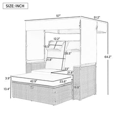 2-Piece Outdoor Rattan Bench Lounge Set, with Canopy, UV Protection Fabric & Waterproof Cushions and Adjustable Backrest