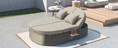 2-Person Daybed with Cushions and Pillows, Rattan Garden Reclining Chaise Lounge with Adjustable Backrests and Foldable Cup Trays, Gray