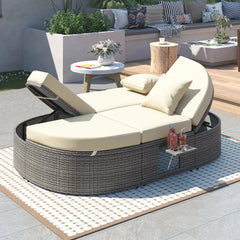 Outdoor Sun Bed Patio 2-Person Daybed with Cushions and Pillows, Rattan Reclining Chaise Lounge with Adjustable Backrests and Foldable Cup Trays, Beige