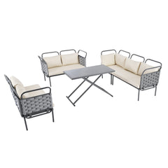 5-Piece Modern Patio Sectional Sofa Set Outdoor Woven Rope Furniture Set with Glass Table and Cushions, Gray+Beige